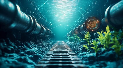 Poster - A photograph showcasing an advanced underwater sensor array designed for tsunami detection connected by a holographic network to coastal warning systems