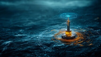 Poster - A photograph of a futuristic buoy based tsunami detection system floating in the sea connected to coastal monitoring stations via holographic network visualizations