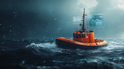 Poster - a photograph of a futuristic buoy based tsunami detection system in the sea connected to coastal mon