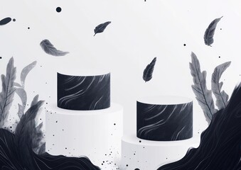 Poster - Elegant black and white podiums with floating leaves.