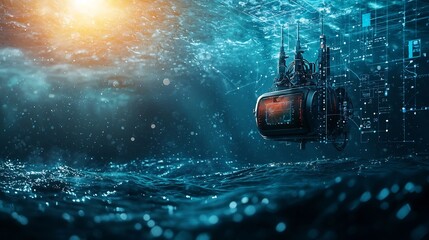 Poster - a photograph of a futuristic buoy based tsunami detection system floating in the sea connected to co