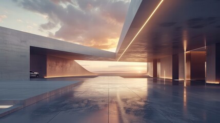 Poster - Modern architectural interior with sunset view and minimal design