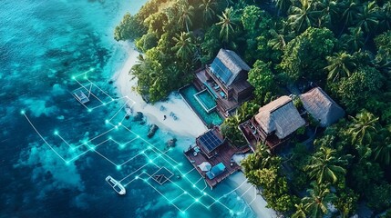 Poster - a photograph showcasing a coastal community with an interconnected network of tsunami alarm systems