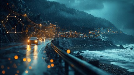 Poster - a photograph showcasing a coastal community with interconnected tsunami alarm systems visualized by 