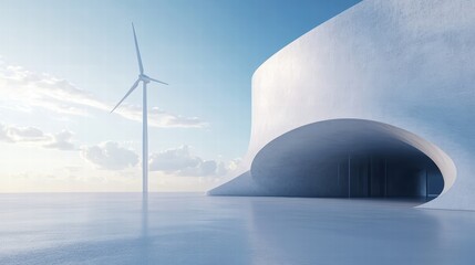 Poster - Modern Architecture with Wind Turbine and Serene Background Landscape
