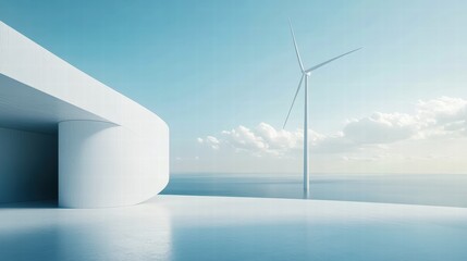 Poster - Modern Architecture with Wind Turbine and Ocean View under Sky