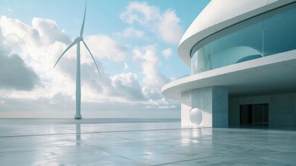 Poster - Modern Architecture with Wind Turbine and Scenic Waterfront View