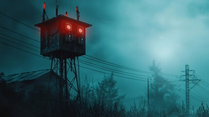 Poster - photograph of an advanced earthquake warning tower standing tall in an urban area connected to a net