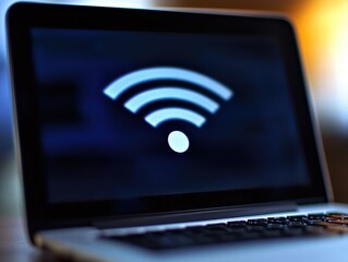 Poster - Wi-Fi Signal Icon Displayed on Laptop Screen in Dim Light Environment
