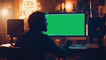 Poster - Man working on computer with green screen in home studio.