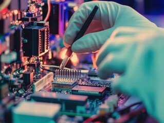 Poster - Technician Repairing Circuit Board with Precision in Laboratory Setting