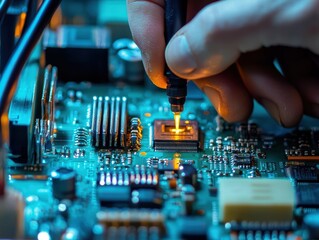 Poster - Close-Up of Hand Repairing Electronic Circuit Board with Soldering Tool