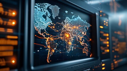Poster - large interactive display showing a regional earthquake monitoring network map with glowing connecti