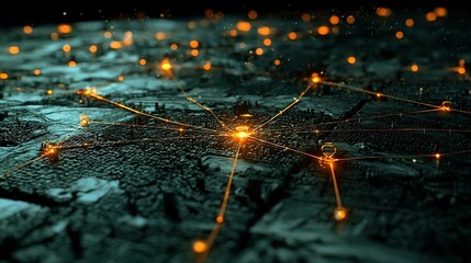 Poster - aerial view of a densely populated city skyline with an interconnected network of earthquake detecti