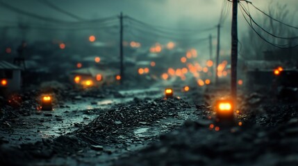 Poster - a photograph of a densely populated urban cityscape with interconnected earthquake detection alarms 