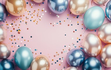 Aufkleber - Pastel balloons and confetti on pink background.