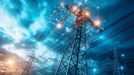Poster - futuristic control center monitoring a high voltage power grid with holographic displays showing det