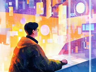 Poster - Futuristic Workspace with Digital Displays and Creative Individual