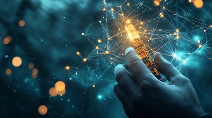 Poster - futuristic high voltage power transmission hub with glowing digital lines representing networked con