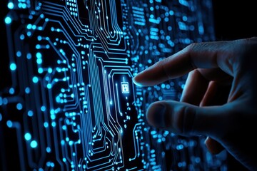 Poster - Hand Touches Digital Circuit Board with Blue LED Lights