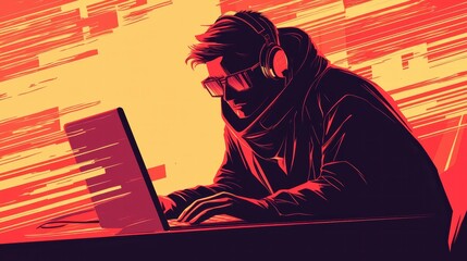Poster - Digital Hacker in Dark Room Using Laptop with Neon Background