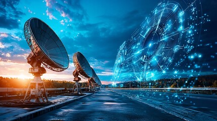 Poster - Satellite dishes mounted on a rooftop connected to a global telecommunication network and displaying holographic overlays leaving copy space on the right side of the frame