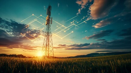 Poster - a telecommunication mast standing tall amidst lush green fields connected to a digital network syste