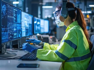 Poster - young female scientist working in high-tech laboratory environment