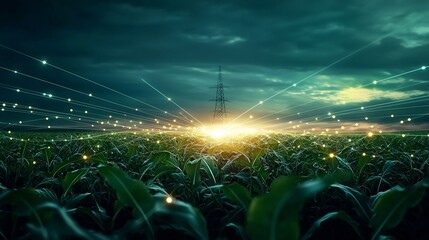 Poster - telecommunication mast standing amidst lush green fields connected to a digital network system repre