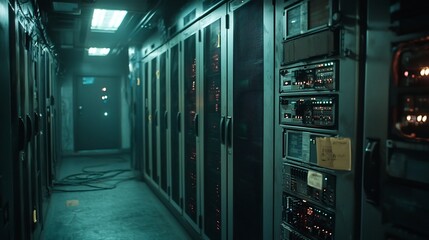 Poster - glowing fiber optic cables linking telecommunication systems in server room with copy space at the t