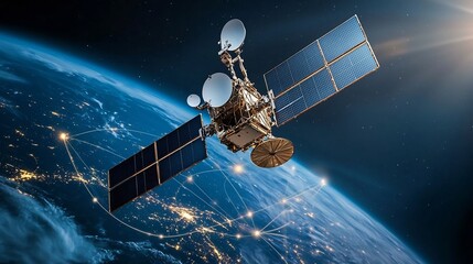 Poster - satellite orbiting earth linked to glowing telecommunication towers via network paths leaving copysp