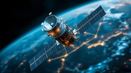 Poster - Satellite Orbiting Earth Linked to Telecommunication Towers via Glowing Network Paths Leaving Copy Space at the Bottom Right