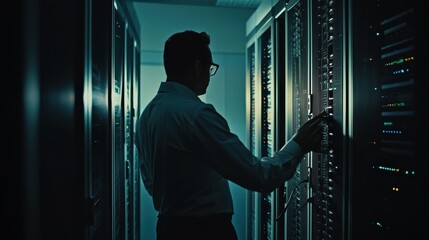 Poster - Silhouette of a Man Working in a Dark Server Room at Night