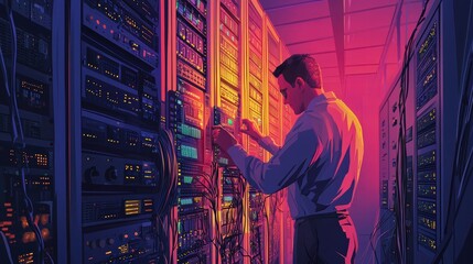 Poster - Technician Working on Data Center Equipment in Low Light Environment