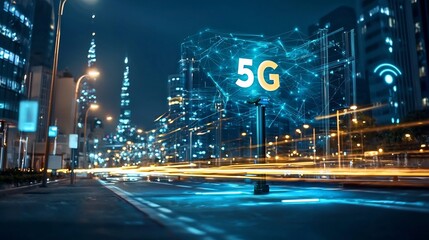 Poster - Futuristic 5G base station tower standing tall in a bustling cityscape surrounded by holographic network effects and digital connectivity leaving ample copy space on the left side of the frame