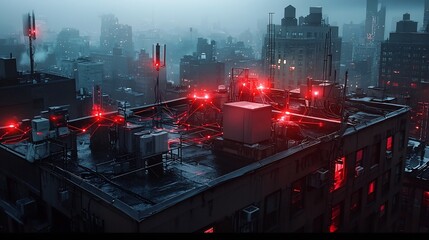 Poster - aerial view of an urban cityscape with telecommunication antennas and digital network overlays on th