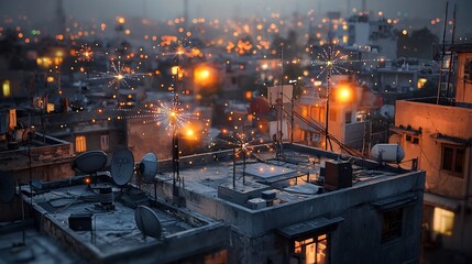 Poster - futuristic urban skyline with telecommunication antennas on rooftops interconnected by glowing digit