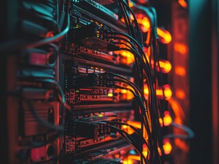 Poster - Data Center Cables and Server Hardware with Glowing Lights at Night