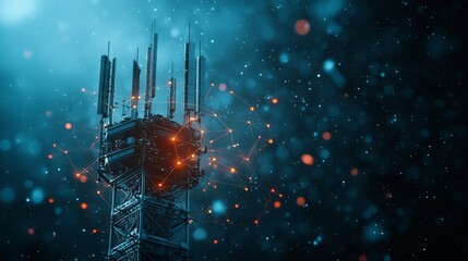 Poster - futuristic telecommunications hub with multiple antennas and a control room visualized with holograp