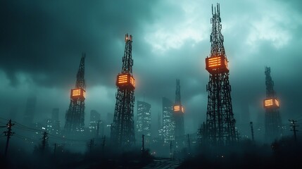 Poster - futuristic cityscape with a stunning smart city skyline featuring tall telecommunication towers glow