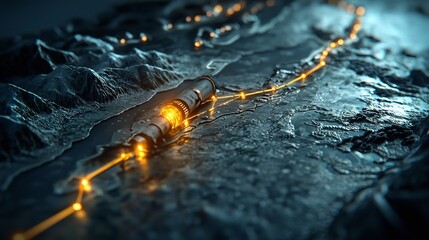 Aufkleber - Glowing Digital Submarine Cable Map Showcasing Global Telecommunication Network Connections Across Oceans and Continents Leaving Ample Copy Space at the Bottom Left for Text Overlay