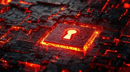 Poster - Futuristic Digital Lock Concept on Glowing Red Circuit Background