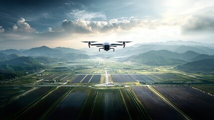 Poster - aerial drone hovers over vast futuristic farmland transmitting real time data to a connected agricul
