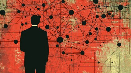 Poster - Businessman Contemplating Complex Network Connections and Data Flow