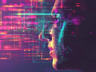 Poster - Digital Portrait with Colorful Data Patterns and Abstract Technology