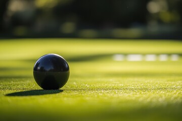 Aufkleber - Single black ball on green grass lawn.