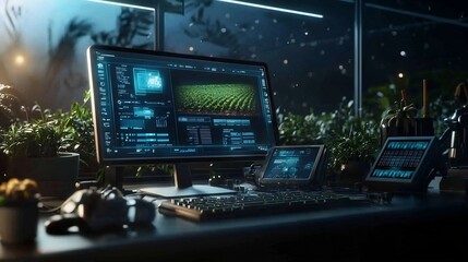 Poster - futuristic control room with holographic displays managing networked advanced agricultural the of te