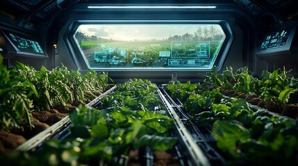 Poster - futuristic control room managing cutting edge agricultural holographic displays showcasing networked