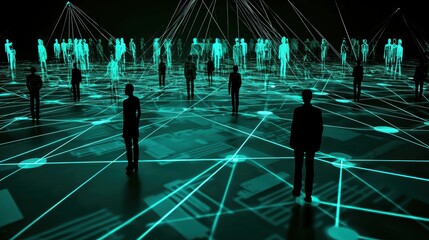 Poster - Digital Network Connection with Silhouettes in Futuristic Setting