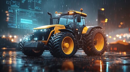 Poster - futuristic tractor equipped with advanced smart technology and connected to a real time agricultural